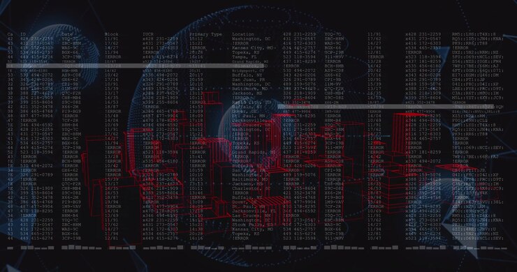 On feed start, central globe rotating, pulling red markers, columns appearing, visualizing data