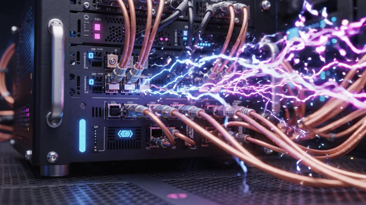 Advanced Data Processing Unit with High-Speed Cables and Visual Effects Illuminating Network Connections and Power Transmission in a Server Infrastructure
