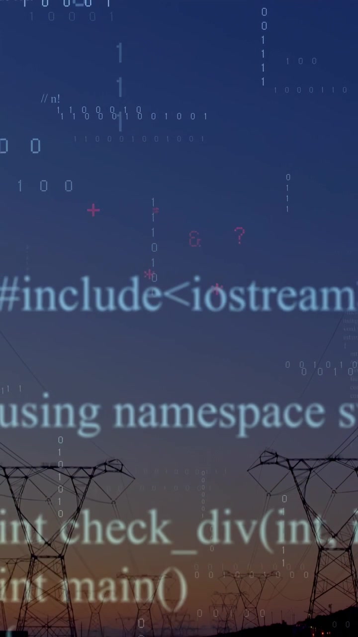 Sunset starting floating glyphs above transmission towers, code cascading to visualize data flow