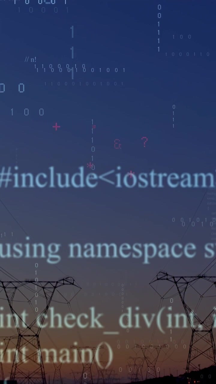 Sunset starting floating glyphs above transmission towers, code cascading to visualize data flow