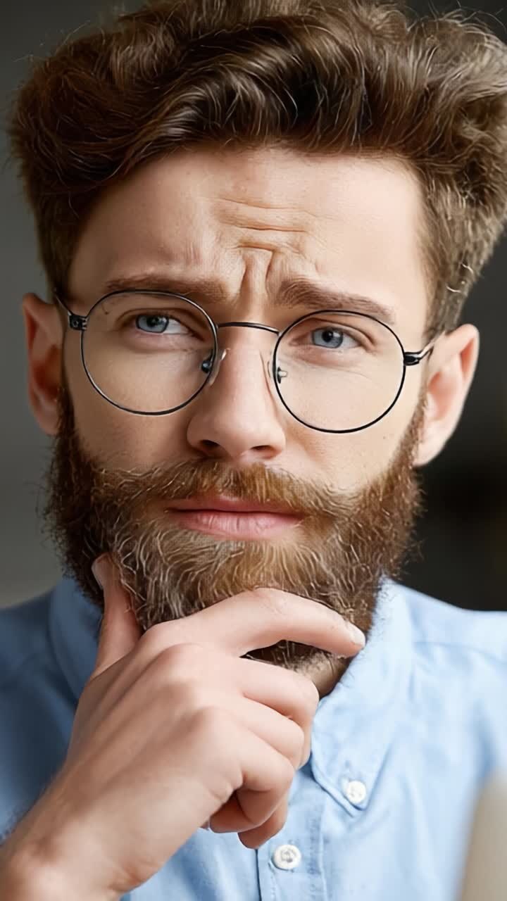 A Thoughtful Moment Captured: A Pensive Young Man with Glasses Contemplating Life's Challenges in a Bright, Modern Setting