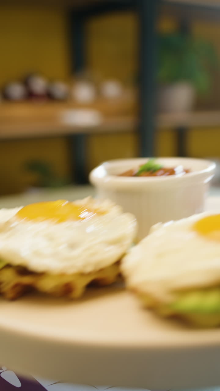 A waiter serves fried eggs on waffles with garnish and sauce, in an appetizingly careful presentation