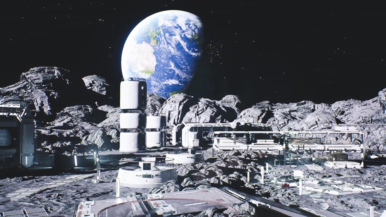 Space station with dome networks and movement pathways on lunar surface