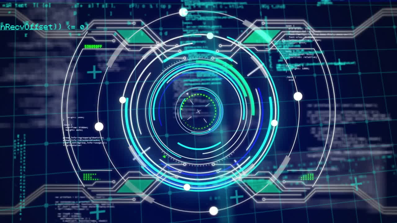 Animation of scope scanning and data processing over dark background