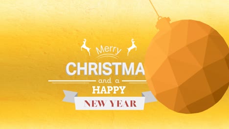 animation of yellow christmas bauble over christmas greetings on green background