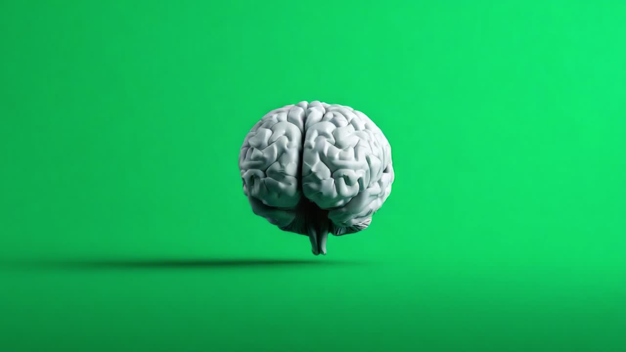 A Detailed View of a 3D Rendered Human Brain Floating Against a Vibrant Green Background, Showcasing Intricate Neural Structures and Thought Processes