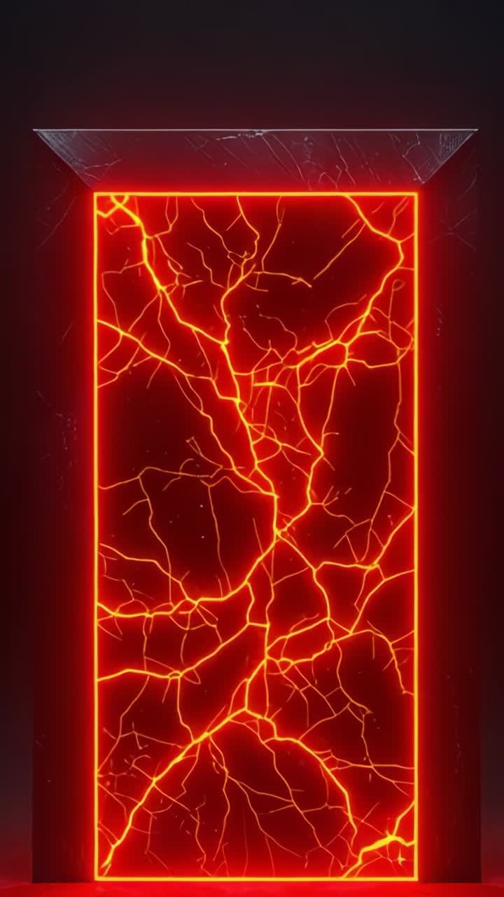 Vertical video: Emitting neon-lit portal pulsing veins in dark chamber, glowing on reflective floor