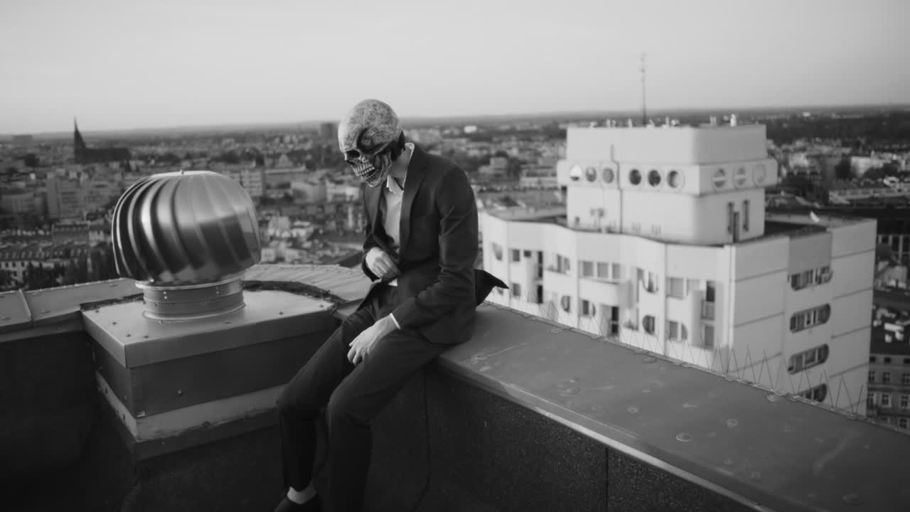 Figure in Skull Mask Sits on City Rooftop at Sunset
