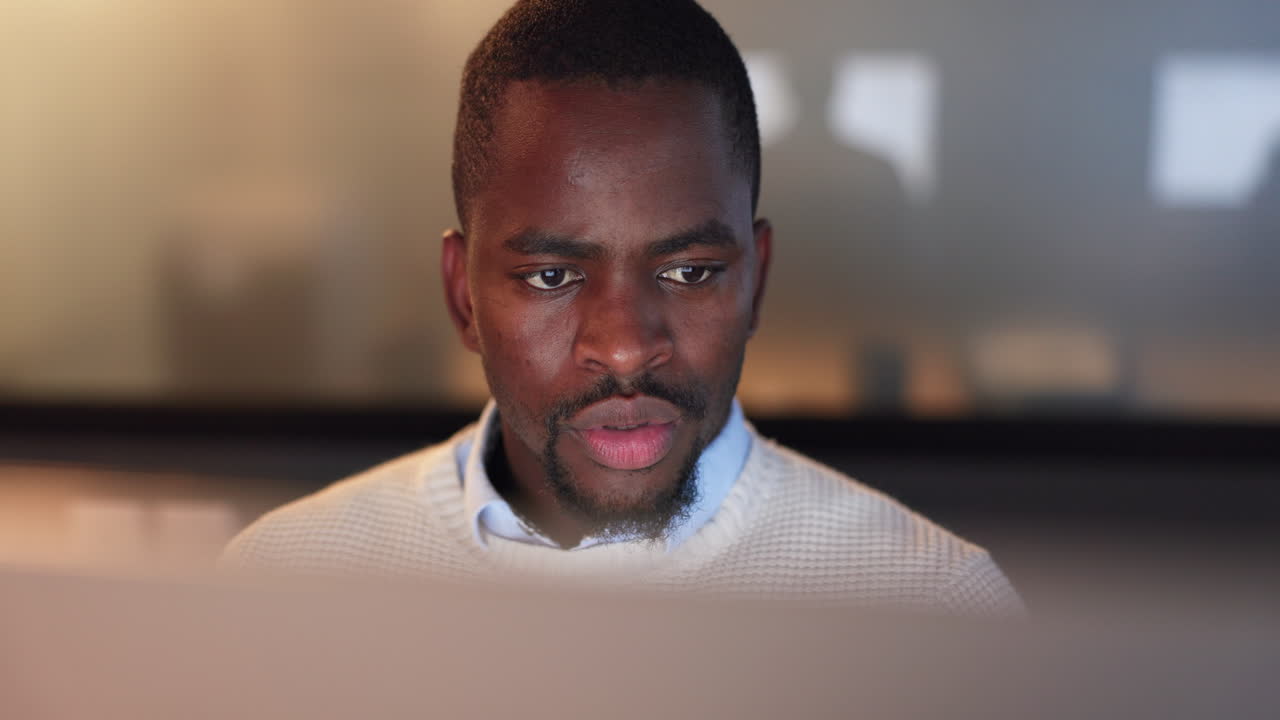 Reading, night and African businessman