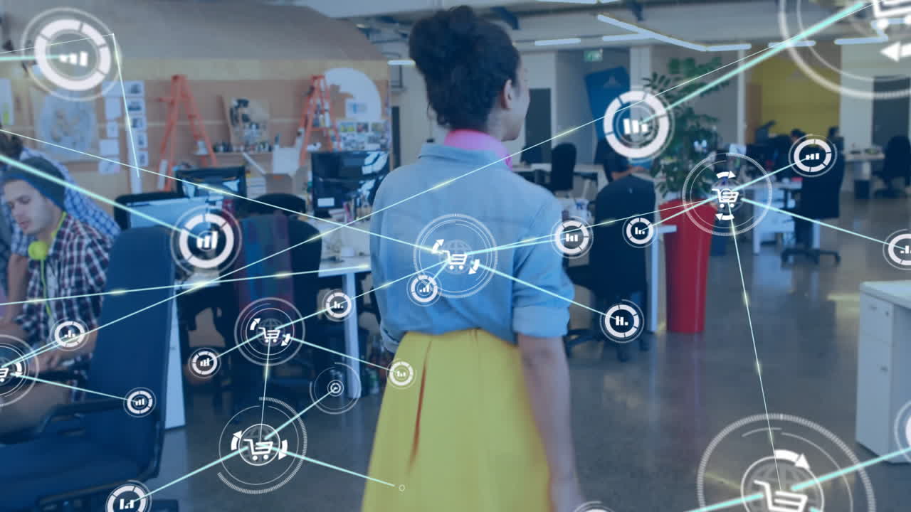 사무실에서 다양한 사업가들과의 아이콘과의 연결 네트워크의 애니메이션