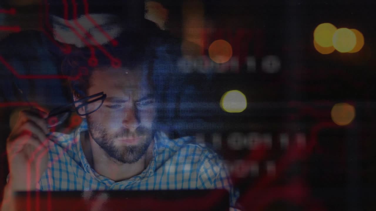 Studying code laptop generating binary overlays window while man rubbing eyes confronting intrusion