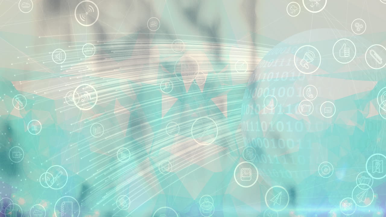 흐릿한 배경 위에 디지털 아이콘이 있는 지구의 애니메이션