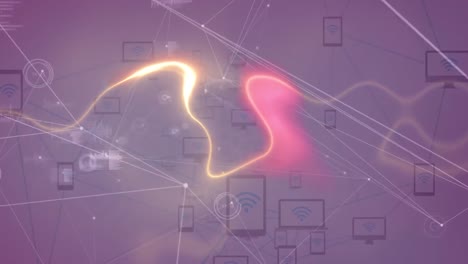 Animation-of-network-of-connections-with-icons-with-glowing-trails-on-purple-background