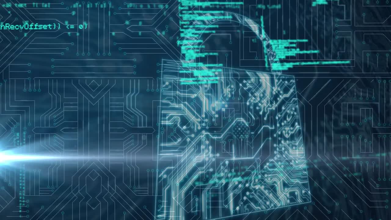 Animation of online security padlock with data processing on circuit board in background