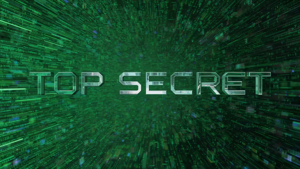 Rising emerald flare sparking metal TOPSECRET revealing in data tunnel 2 yellow warnings for safety