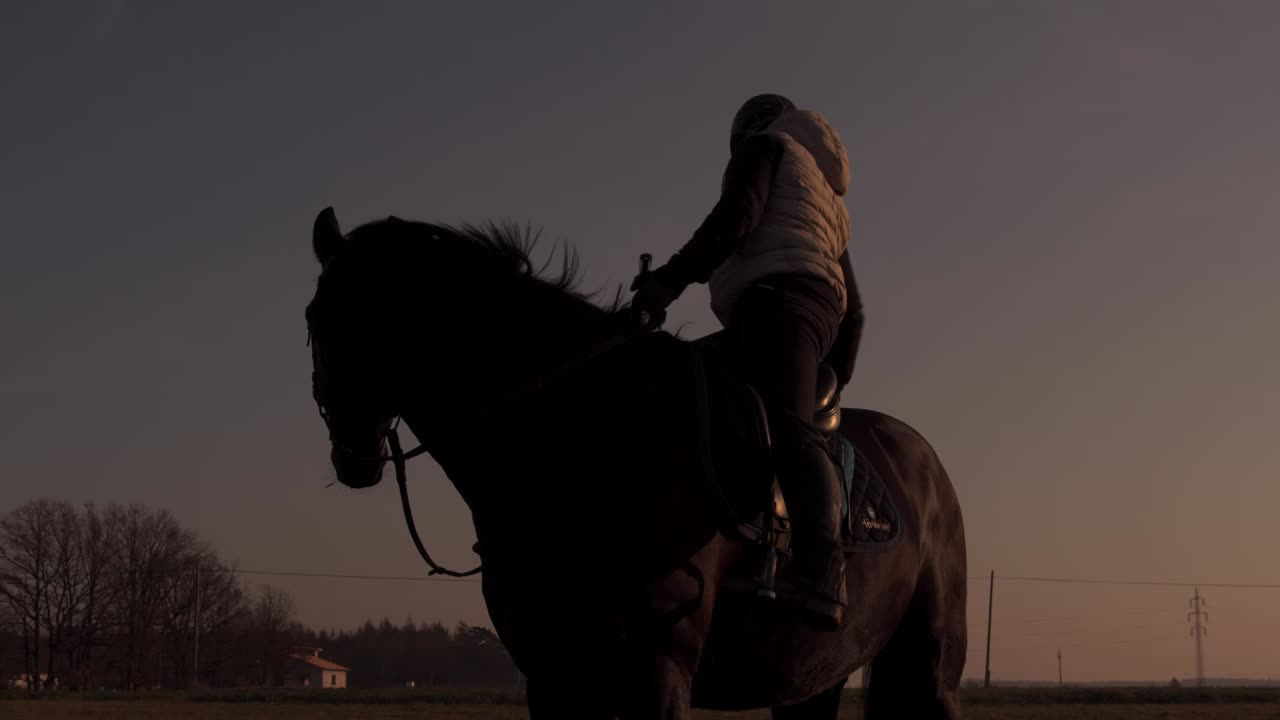 Un cavaliere siede a cavallo nella luce dorata della sera, ripresa dal basso