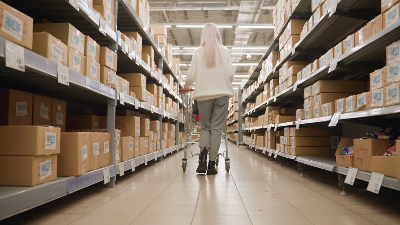 Back lower view of elegant woman shopping in supermarket aisle, pushing metal cart past rows of cardboard cartons on shelves, highlighting stylish boots, casual jeans, and bright retail environment