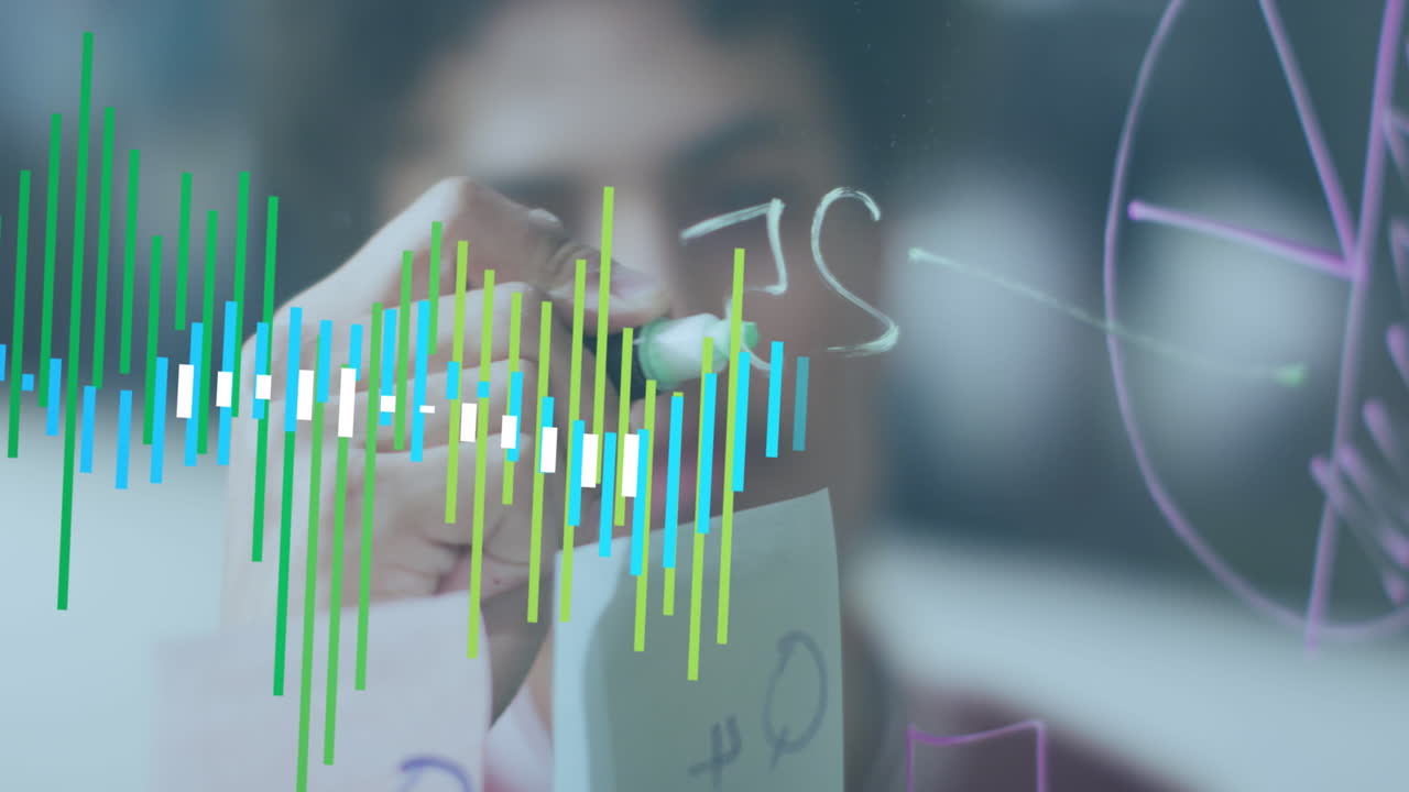 Animation of data processing over biracial businessman taking notes on glass wall