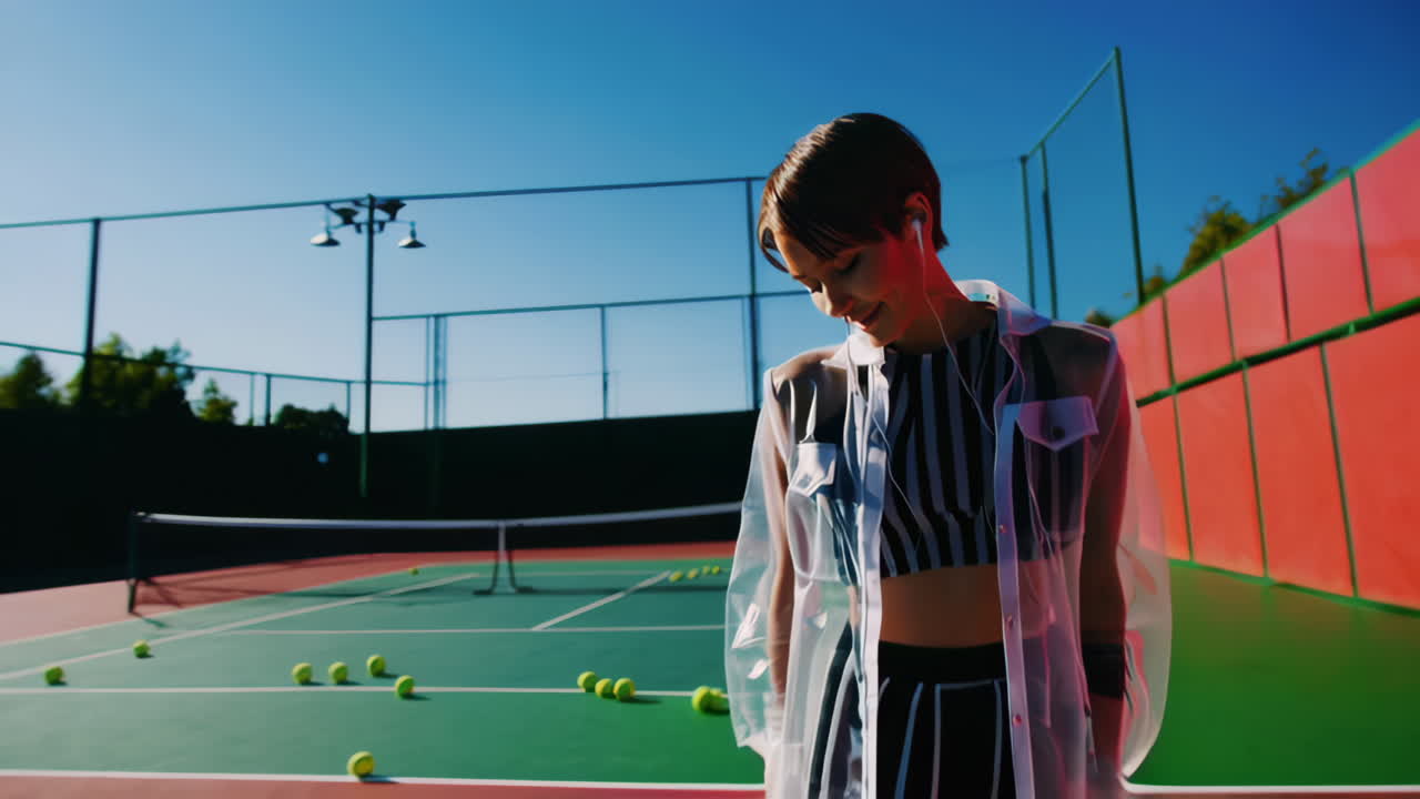 Smiling Woman with Earphones on Tennis Court