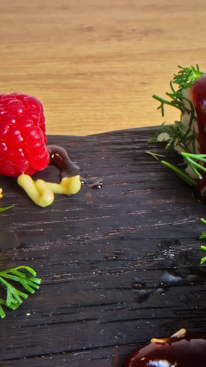Un primo piano di un piatto gourmet con guarnizione di senape e frutti di bosco su un tagliere di legno. Ideale per la fotografia culinaria o blog di cucina