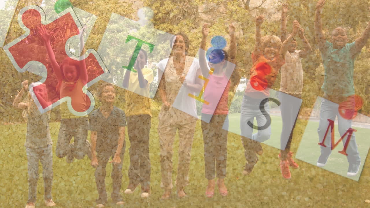 공원에서 뛰어다니는 아이들과 함께 오티즘 텍스트를 넘어가는 퍼즐의 애니메이션