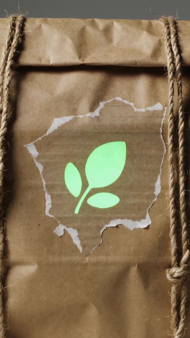 Glowing Green Leaf Icon Revealed in Torn Brown Paper Packaging
