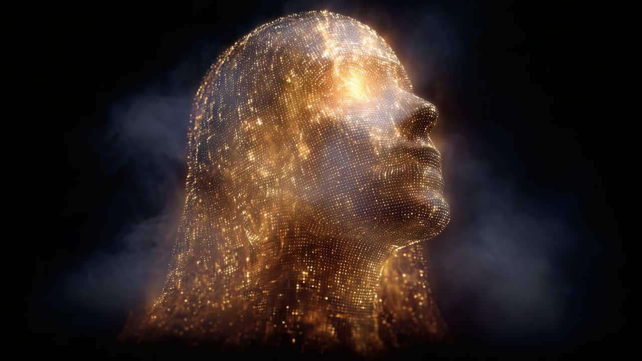 A mesmerizing portrayal of a digital entity, its golden-lit silhouette standing resolute amidst swirling clouds, symbolizing the intersection of technology and human-like dimensions in a stunning visual of creativity