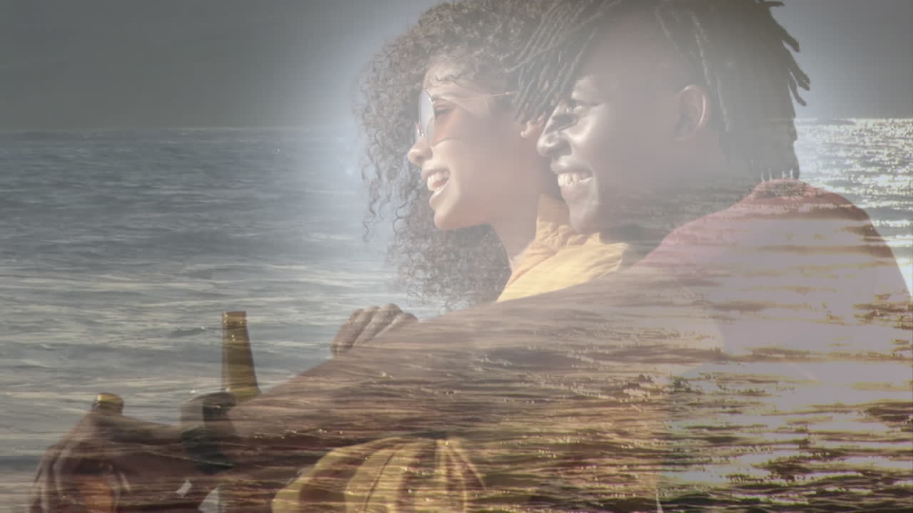 Animation af glad afroamerikansk par på stranden over hav
