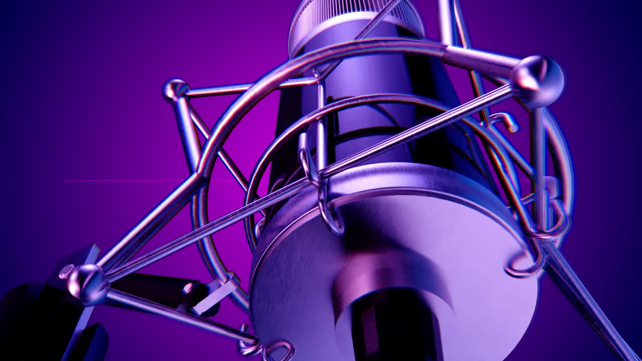 Microfono da studio 3D che ruota con animazione di testo Rock Radio