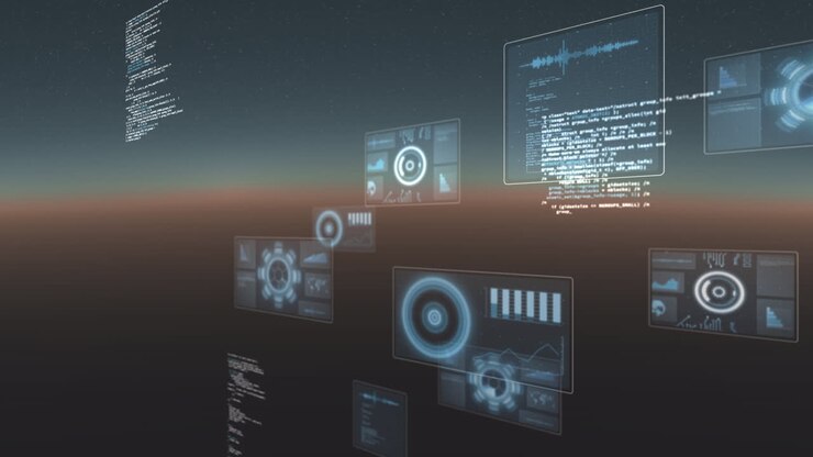 Animation of data processing and scopes scanning on screens over gradient background