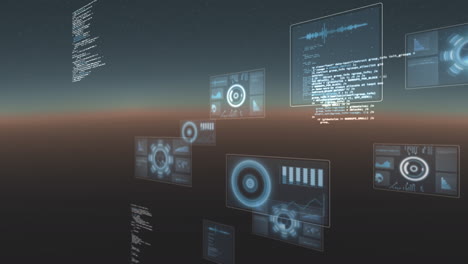 Animation of data processing and scopes scanning on screens over gradient background
