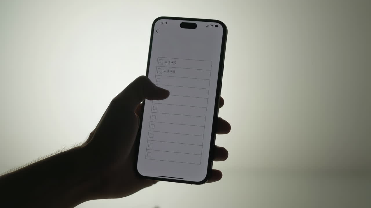 Close-up of a hand interacting with a smartphone screen displaying a list of checkboxes