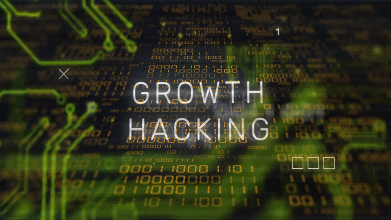 Growth hacking text animation over binary code and digital circuit background
