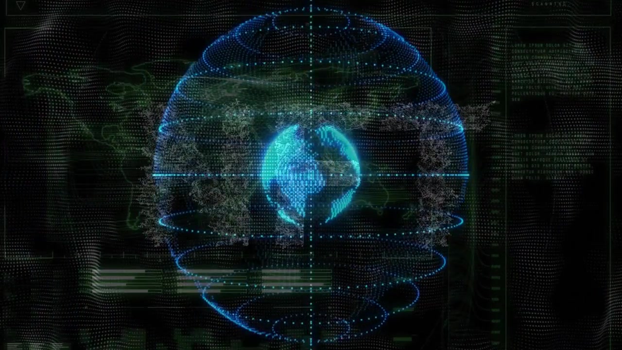 Receiving code signal, holographic globe expanding rings rotating showcasing real-time global data