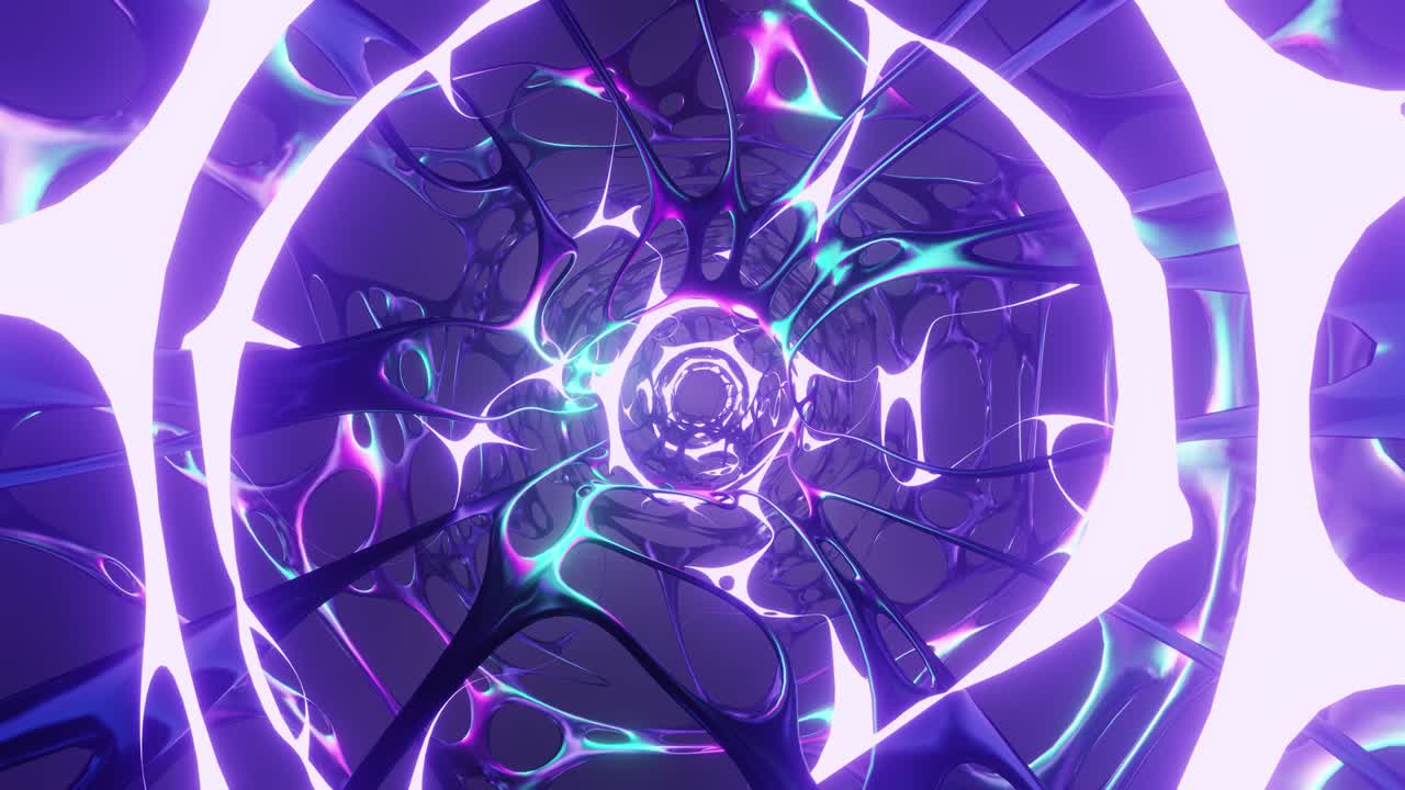 Sci-fi teleportation tunnel. Neon light. Moving through tunnel.