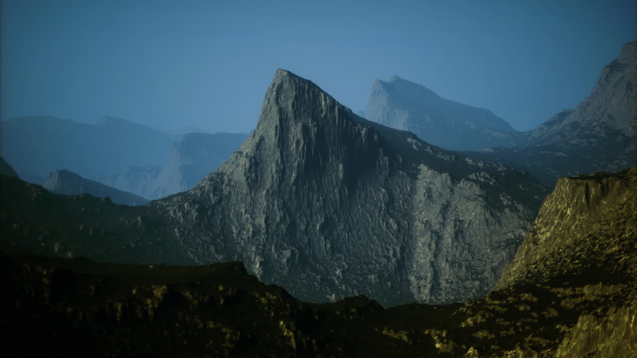 Majestic mountain peaks rise under the fading light in the serene landscape