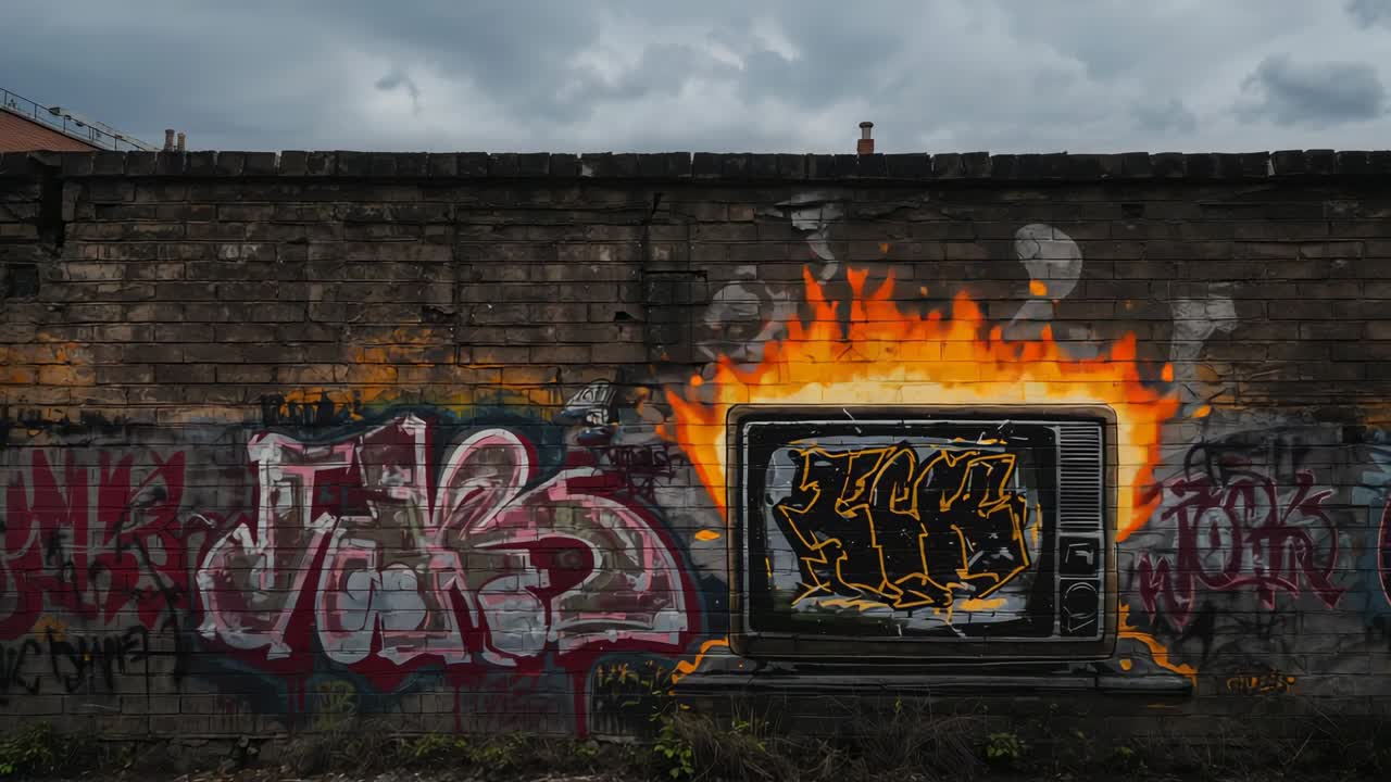Opening static shot, camera panning right along alley wall, revealing TV featuring flames JOK3 tag