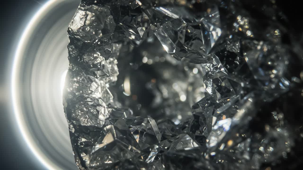 An Intricate Close-up of a Glimmering Crystal Formation Illuminated by Radiant Light, Showcasing Its Unique Reflections and Textures