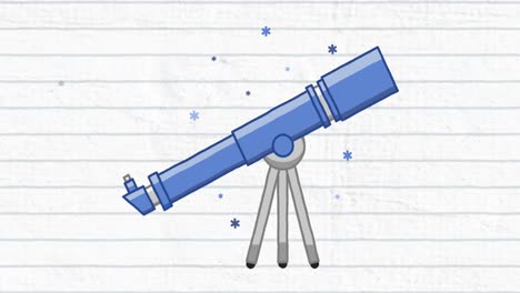 animación de iconos de telescopios y estrellas contra un fondo de papel con líneas blancas.