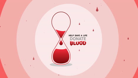 animation of donate blood text with blood in hourglass logo and drops of blood over pink circles