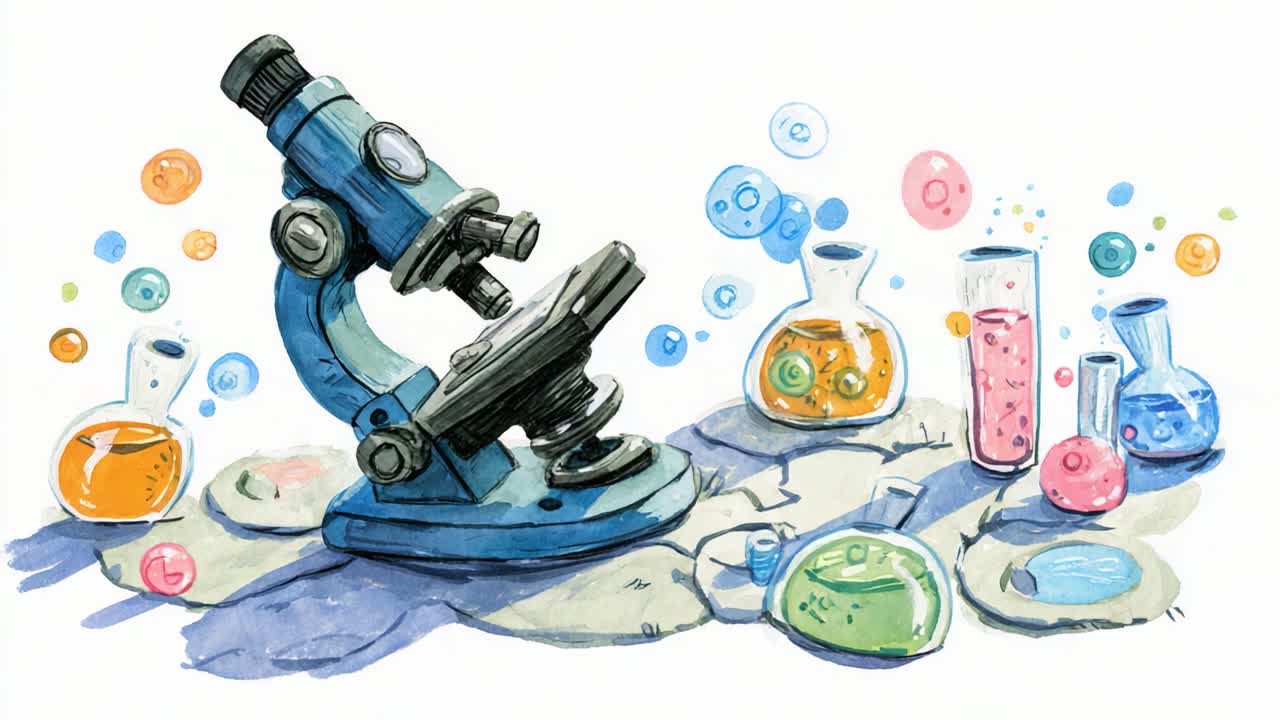 An Artistic Illustration of a Microscope Surrounded by Colorful Laboratory Glassware Filled with Various Liquids and Bubbles, Capturing the Essence of Science and Discovery