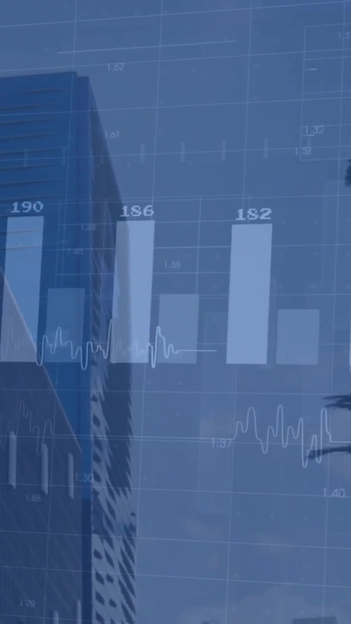 Animazione dell'elaborazione di dati finanziari su un paesaggio urbano