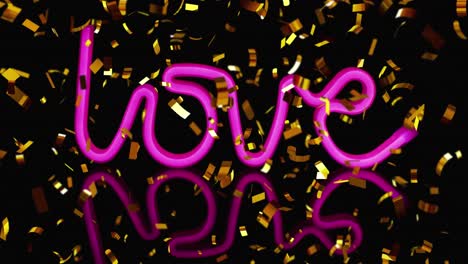 Animation-of-gold-confetti-falling-over-love-text-in-pink-neon-on-reflective-black-background