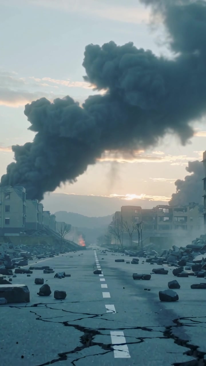 Video verticale: Colonna di fumo scuro che si innalza da edifici in fiamme sulla sinistra su una strada cittadina crepata