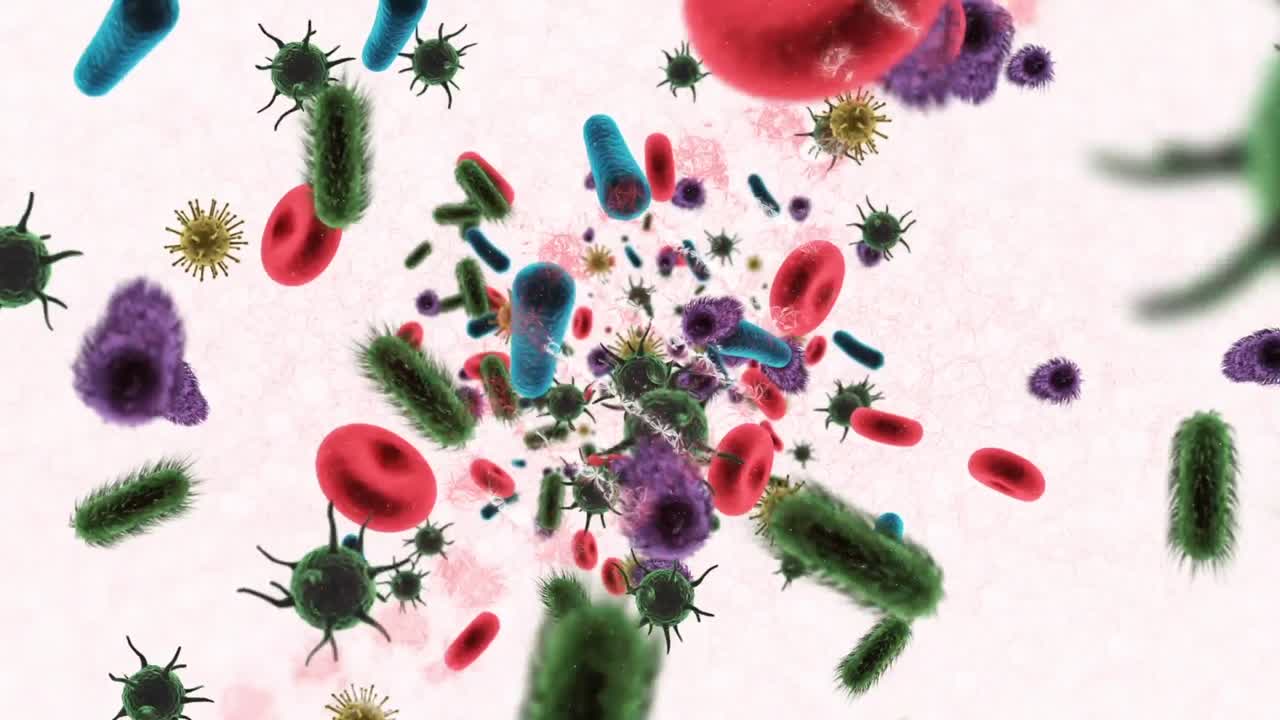 animación de la cadena de adn girando sobre las células de covid 19 flotando