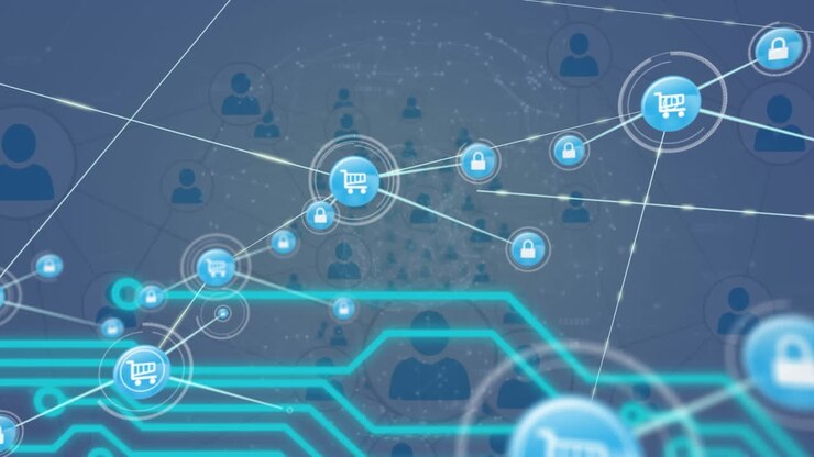 Animation of networks of shopping cart and people icons over motherboard on blue background