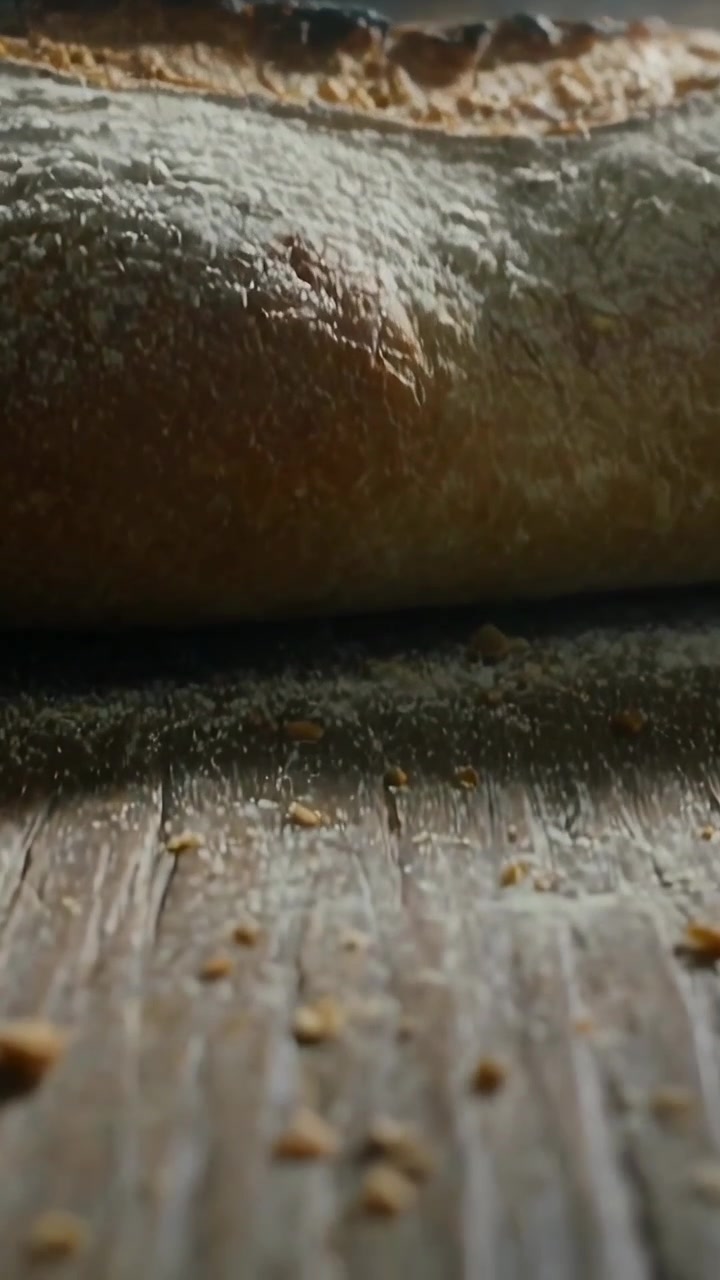 Vertical video: Panning camera showing crusty loaf hot from oven on wooden board with steam, crumbs