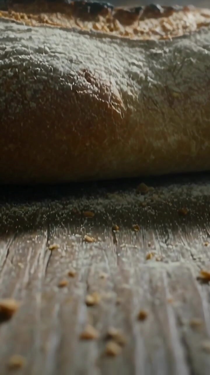 Vertical video: Panning camera showing crusty loaf hot from oven on wooden board with steam, crumbs