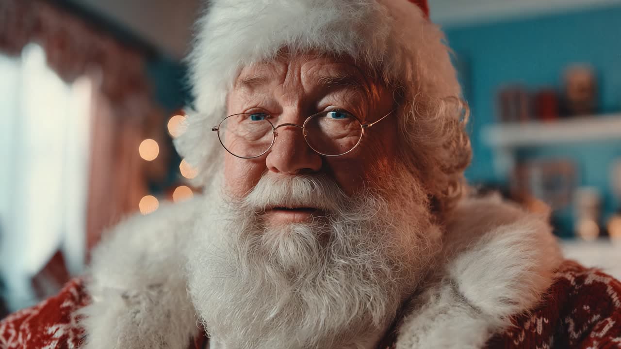 Un caloroso Babbo Natale catturato in due fotogrammi: da uno sguardo pensieroso a un sorriso gioioso, questo personaggio festivo incarna lo spirito dell'allegria e della magia del Natale