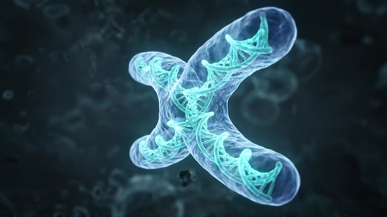 Detaljert kromosomsplitt med synlige DNA-tråder som viser dupliseringsprosessen og genetisk replikasjon i celler.